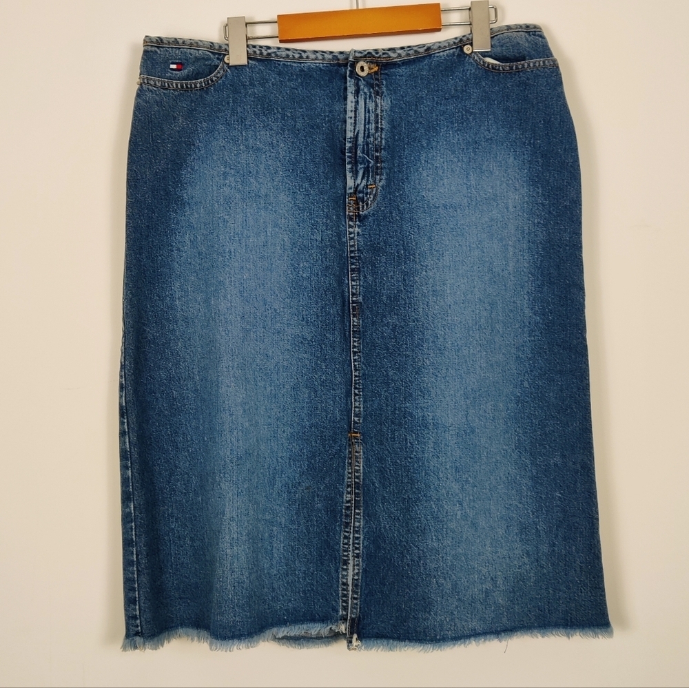 Vintage Tommy Hilfiger Midi Jean Skirt in Blue Size 16 Frayed Hem Denim Y2K